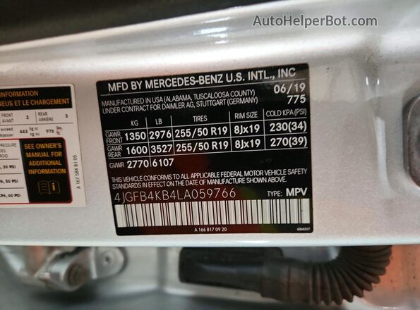 4JGFB4KB4LA059766 2020 MERCEDES-BENZ GLE Silver Панорамний вид салону 360°