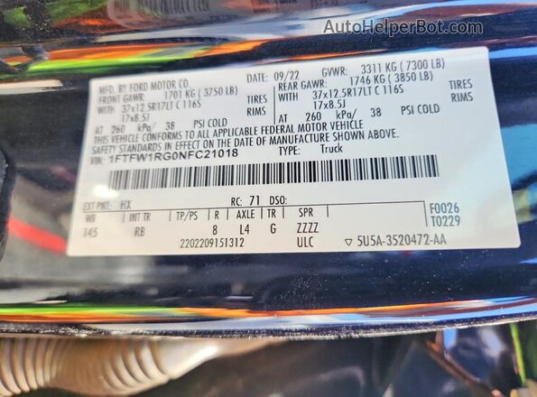 1FTFW1RG0NFC21018 2022 FORD F150 Blue Vista de la etiqueta del VIN