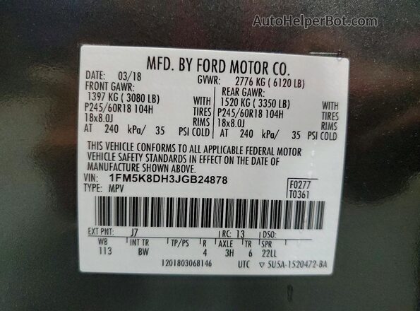 1FM5K8DH3JGB24878 2018 FORD EXPLORER Gray Widok wnętrza 360 stopni