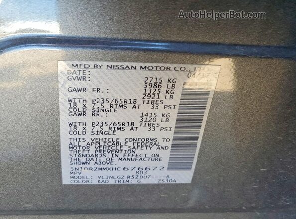 5N1DR2MMXHC676672 2017 NISSAN PATHFINDER Gray VIN კოდის სტიკერის ხედი