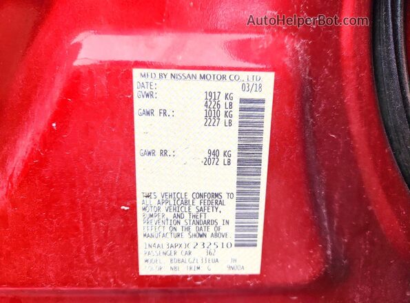 1N4AL3APXJC232510 2018 NISSAN ALTIMA Red Widok naklejki z numerem VIN