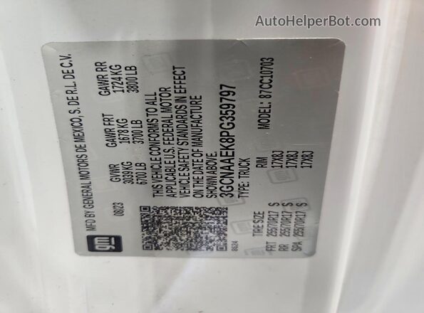 3GCNAAEK8PG359797 2023 CHEVROLET SILVERADO White VIN კოდის სტიკერის ხედი