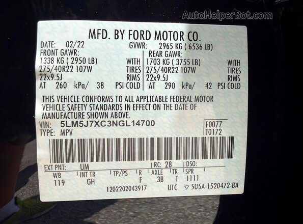 5LM5J7XC3NGL14700 2022 LINCOLN AVIATOR Black 