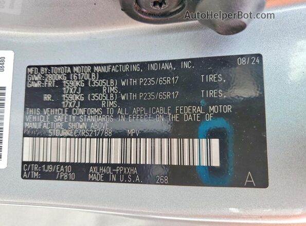 5TDJRKEC7RS217788 2024 TOYOTA SIENNA Silver Vista interior de 360 grados
