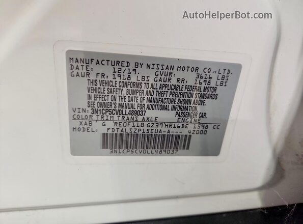 3N1CP5CV0LL489037 2020 NISSAN KICKS White Vista interior de 360 grados