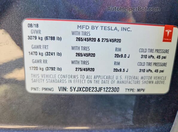 5YJXCDE23JF122300 2018 TESLA MODEL Black Vista interior de 360 grados