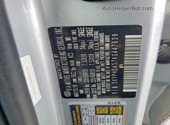 5XYPHDA57KG447639 2019 KIA SORENTO Silver VIN կոդի պիտակի տեսք
