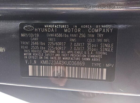 KM8J23A43KU036869 2019 HYUNDAI TUCSON Gray Панорамний вид салону 360°