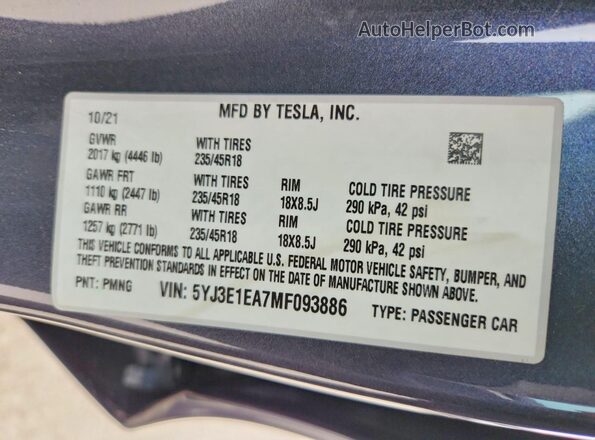5YJ3E1EA7MF093886 2021 TESLA MODEL Gray VIN sticker view