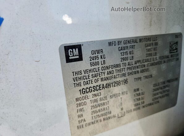 1GCGSCEA4H1298196 2017 CHEVROLET COLORADO White Вид наклейки з VIN-кодом