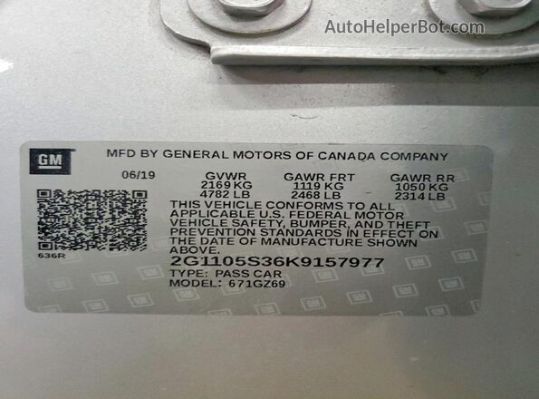 2G1105S36K9157977 2019 CHEVROLET IMPALA Silver VIN კოდის სტიკერის ხედი