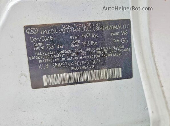 5NPE34AF8HH535017 2017 HYUNDAI SONATA White Սալոնի 360 աստիճան տեսք