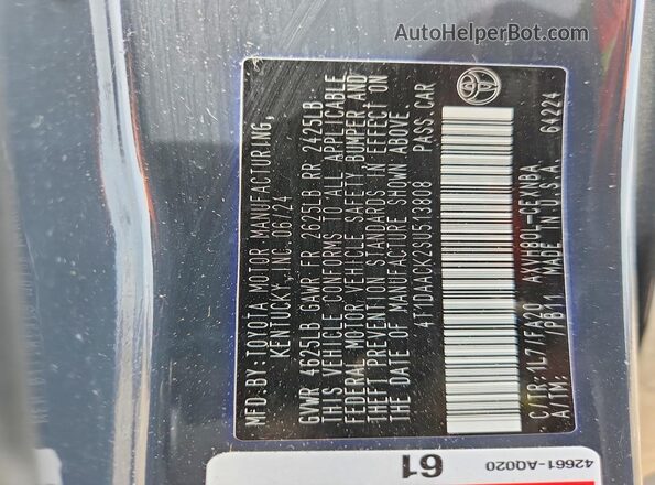 4T1DAACK2SU513808 2025 TOYOTA CAMRY Серый Вид наклейки с VIN-кодом