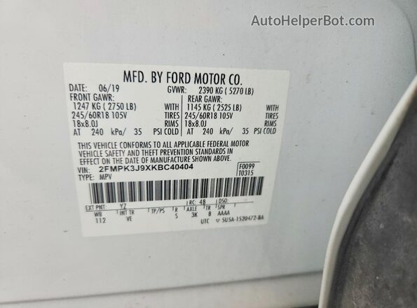 2FMPK3J9XKBC40404 2019 FORD EDGE White Vista de la etiqueta del VIN