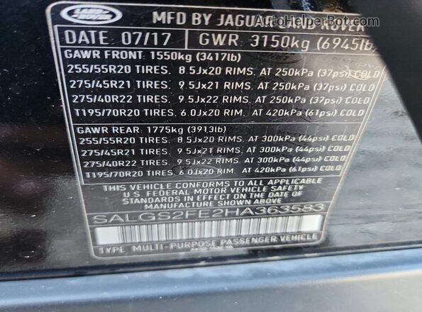 SALGS2FE2HA363583 2017 LAND ROVER RANGE Black 