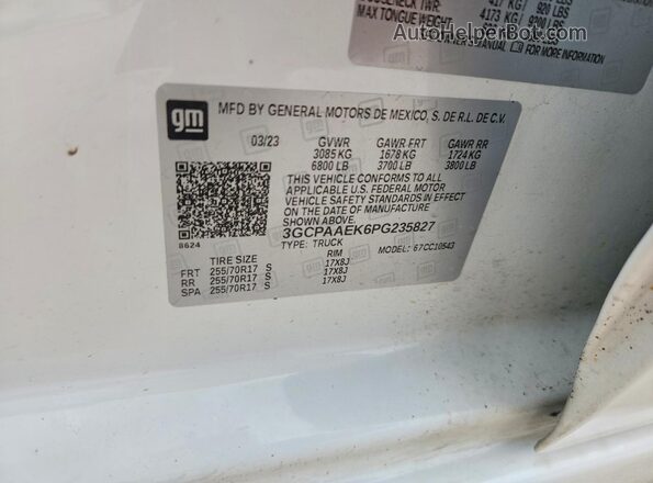 3GCPAAEK6PG235827 2023 CHEVROLET SILVERADO White VIN კოდის სტიკერის ხედი