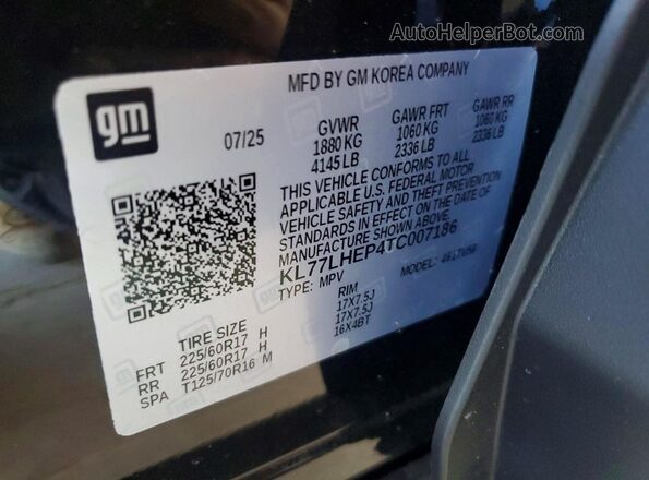 KL77LHEP4TC007186 2026 CHEVROLET TRAX Black Vista de la etiqueta del VIN