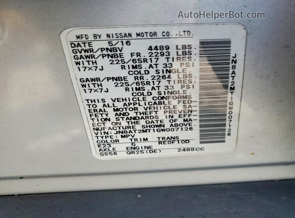 JN8AT2MT1GW007126 2016 NISSAN ROGUE Silver VIN կոդի պիտակի տեսք