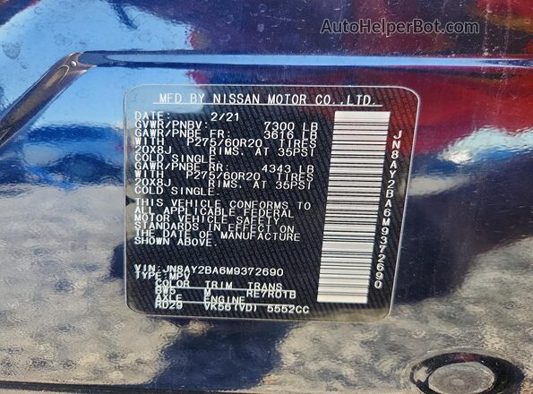 JN8AY2BA6M9372690 2021 NISSAN ARMADA Blue Vista interior de 360 grados
