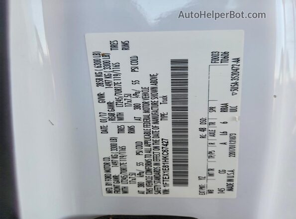 1FTEX1E81HKC67427 2017 FORD F150 White VIN კოდის სტიკერის ხედი