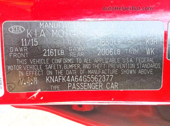 KNAFK4A64G5562377 2016 KIA FORTE Red VIN կոդի պիտակի տեսք