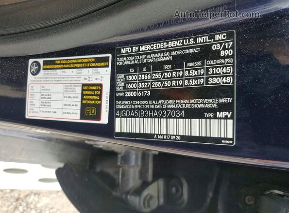 4JGDA5JB3HA937034 2017 MERCEDES-BENZ GLE Blue Widok naklejki z numerem VIN