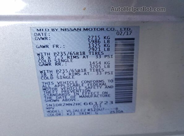 5N1DR2MN2HC661723 2017 NISSAN PATHFINDER Silver Вид наклейки з VIN-кодом