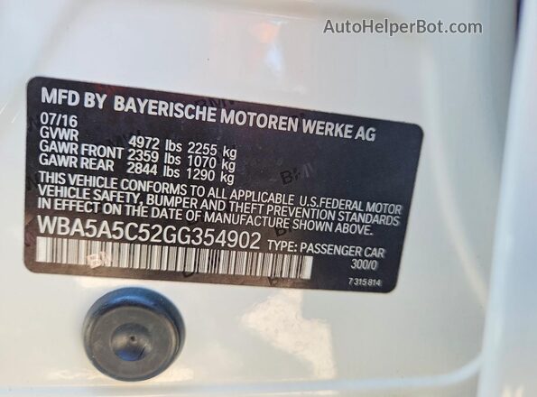 WBA5A5C52GG354902 2016 BMW 5 SERIES White Widok naklejki z numerem VIN