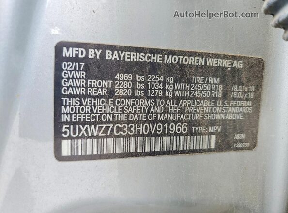 5UXWZ7C33H0V91966 2017 BMW X3 Silver Панорамний вид салону 360°