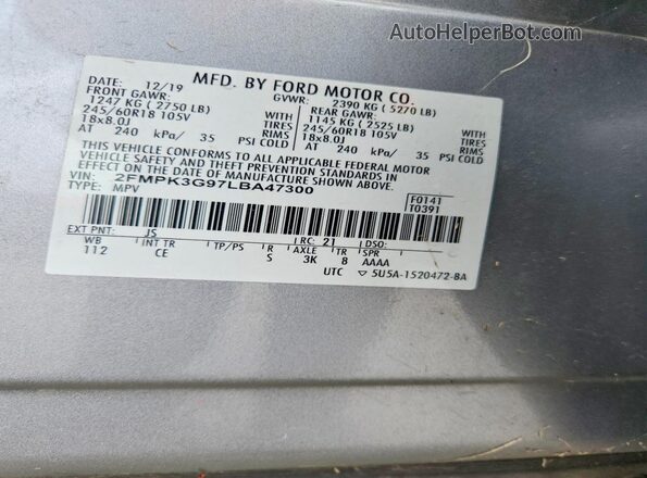 2FMPK3G97LBA47300 2020 FORD EDGE Silver Панорамний вид салону 360°