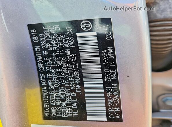JTNKHMBX8K1021948 2019 TOYOTA C-HR Silver VIN კოდის სტიკერის ხედი