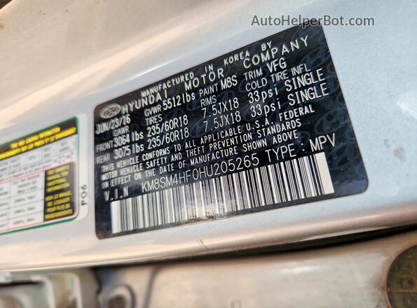 KM8SM4HF0HU205265 2017 HYUNDAI SANTA FE Silver 360 interior view
