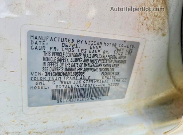 3N1CN8DV6ML896996 2021 NISSAN VERSA White VIN კოდის სტიკერის ხედი