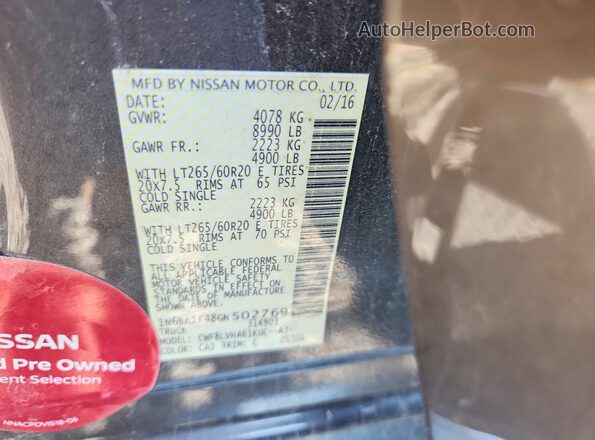 1N6BA1F48GN502769 2016 NISSAN TITAN Серый Вид наклейки с VIN-кодом