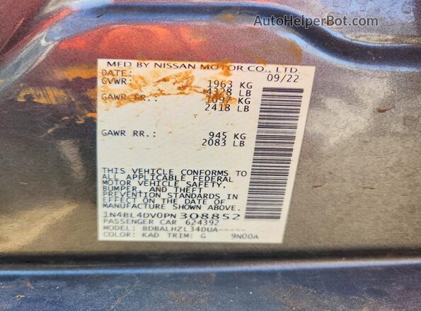 1N4BL4DV0PN308852 2023 NISSAN ALTIMA Серый Вид наклейки с VIN-кодом