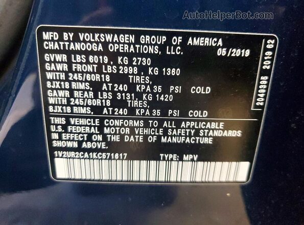 1V2UR2CA1KC571617 2019 VOLKSWAGEN ATLAS Blue Widok wnętrza 360 stopni