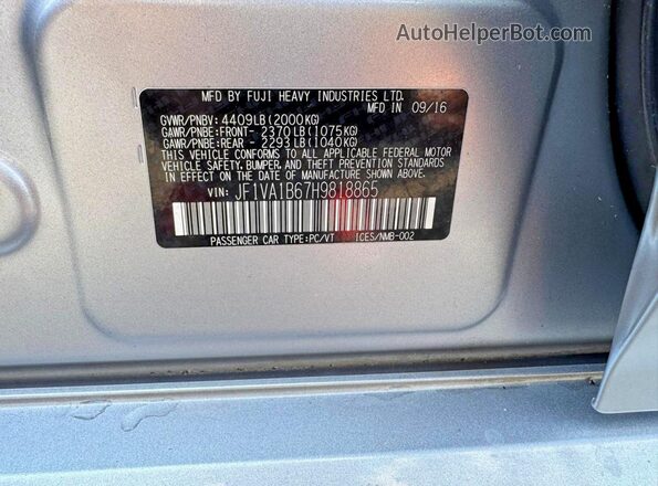 JF1VA1B67H9818865 2017 SUBARU WRX Silver Widok naklejki z numerem VIN
