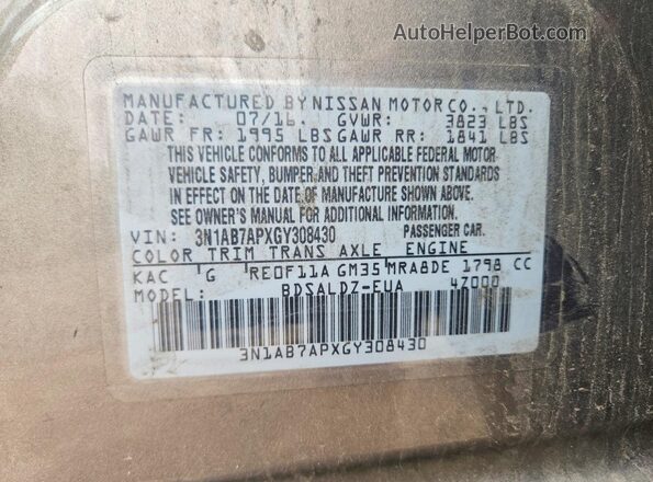 3N1AB7APXGY308430 2016 NISSAN SENTRA Серый Вид наклейки с VIN-кодом