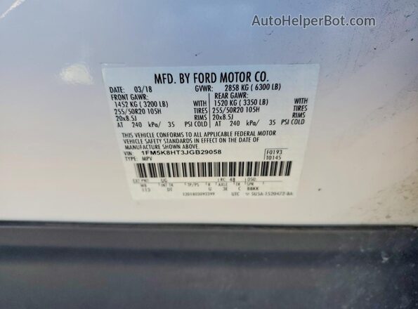 1FM5K8HT3JGB29058 2018 FORD EXPLORER Белый Панорамный вид салона 360°