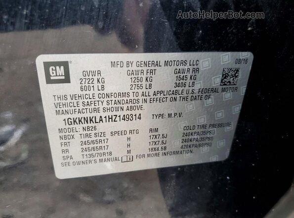 1GKKNKLA1HZ149314 2017 GMC ACADIA Black Панорамний вид салону 360°