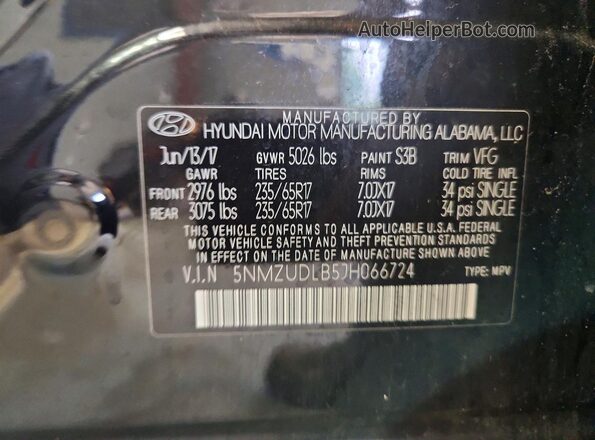 5NMZUDLB5JH066724 2018 HYUNDAI SANTA Black Vista interior de 360 grados