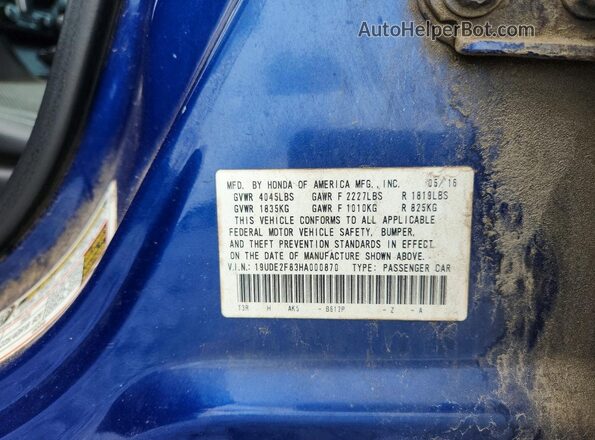 19UDE2F83HA000870 2017 ACURA ILX Синий Вид наклейки с VIN-кодом