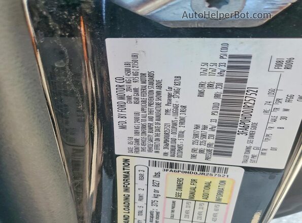 3FA6P0HD0JR257521 2018 FORD FUSION Black VIN կոդի պիտակի տեսք