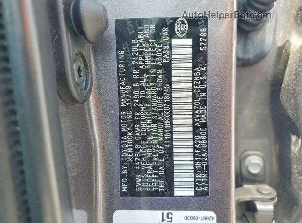 4T1B11HKXKU718745 2019 TOYOTA CAMRY Gray VIN կոդի պիտակի տեսք