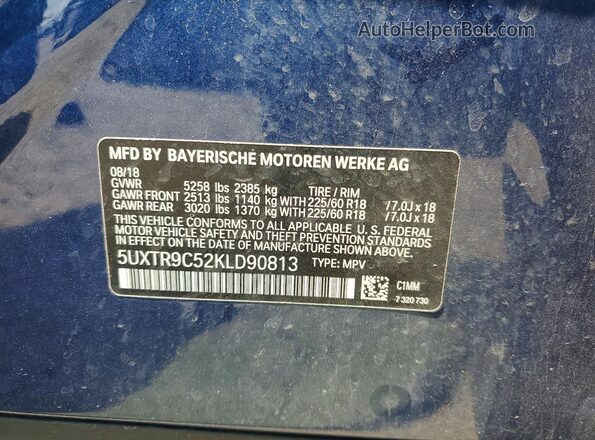 5UXTR9C52KLD90813 2019 BMW X3 Blue Vista interior de 360 grados