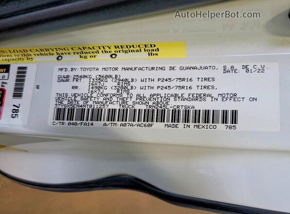 3TYSX5EN4NT011257 2022 TOYOTA TACOMA White Вид підкапотного простору