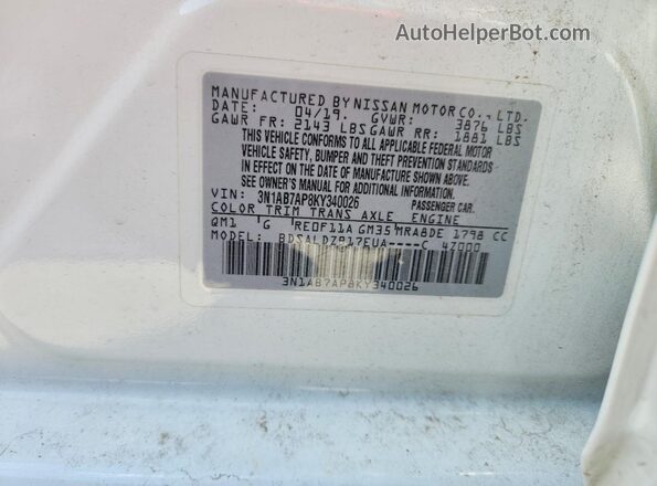 3N1AB7AP8KY340026 2019 NISSAN SENTRA White Vista interior de 360 grados