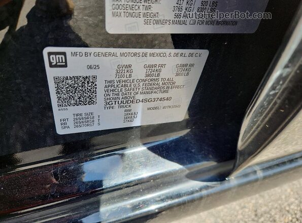 3GTUUDED4SG374540 2025 GMC SIERRA Black Vista de la etiqueta del VIN