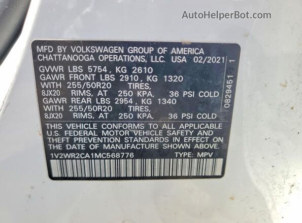 1V2WR2CA1MC568776 2021 VOLKSWAGEN ATLAS Белый Панорамный вид салона 360°