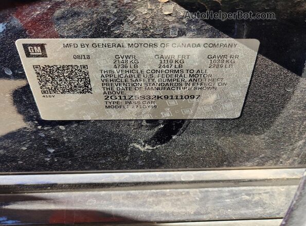 2G11Z5S32K9111097 2019 CHEVROLET IMPALA Blue Вид наклейки з VIN-кодом
